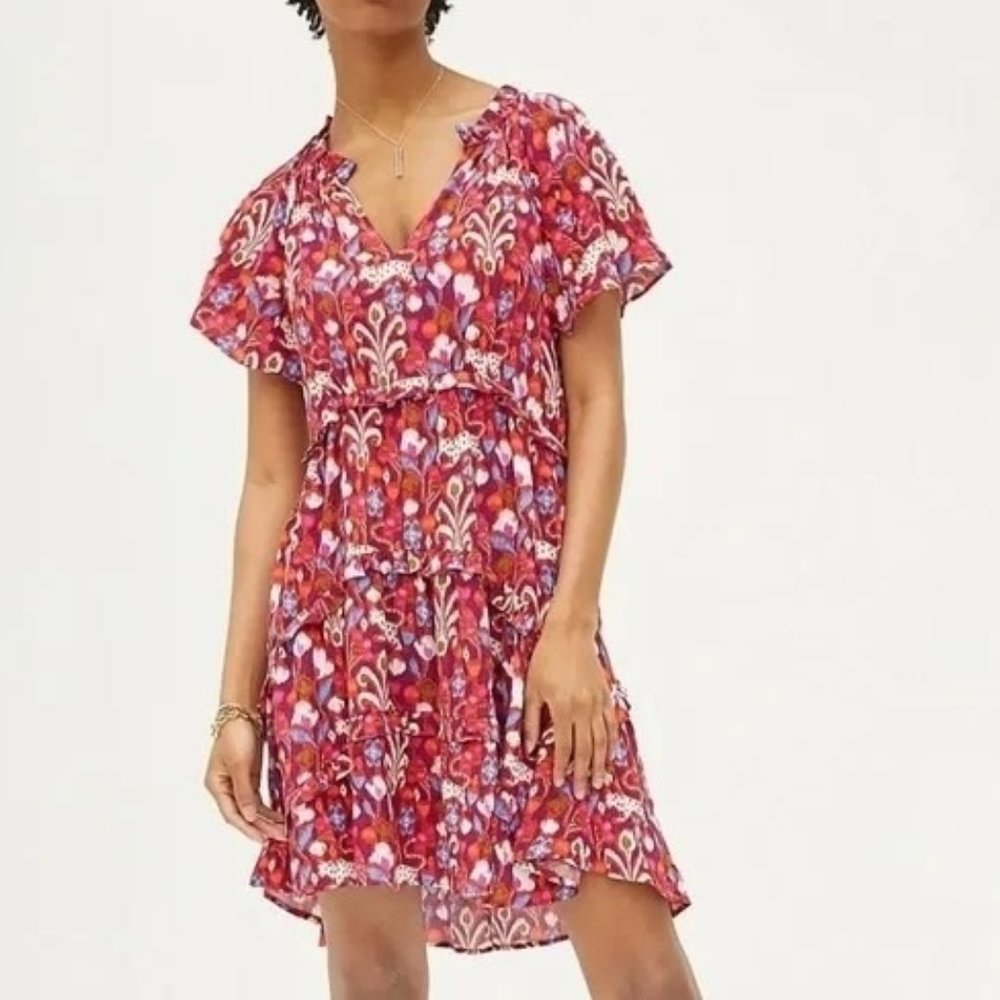 Anthropologie XS Robin Tiered Red and Purple Patterned Mini Dress